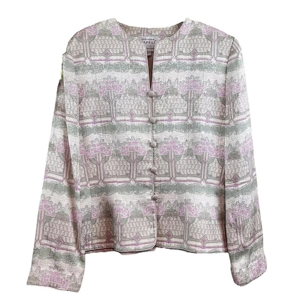 Vtg Adrianna Papell Silk Floral Geo Buttoned Jacket Silver Ivory Green Size 8 - Picture 1 of 7